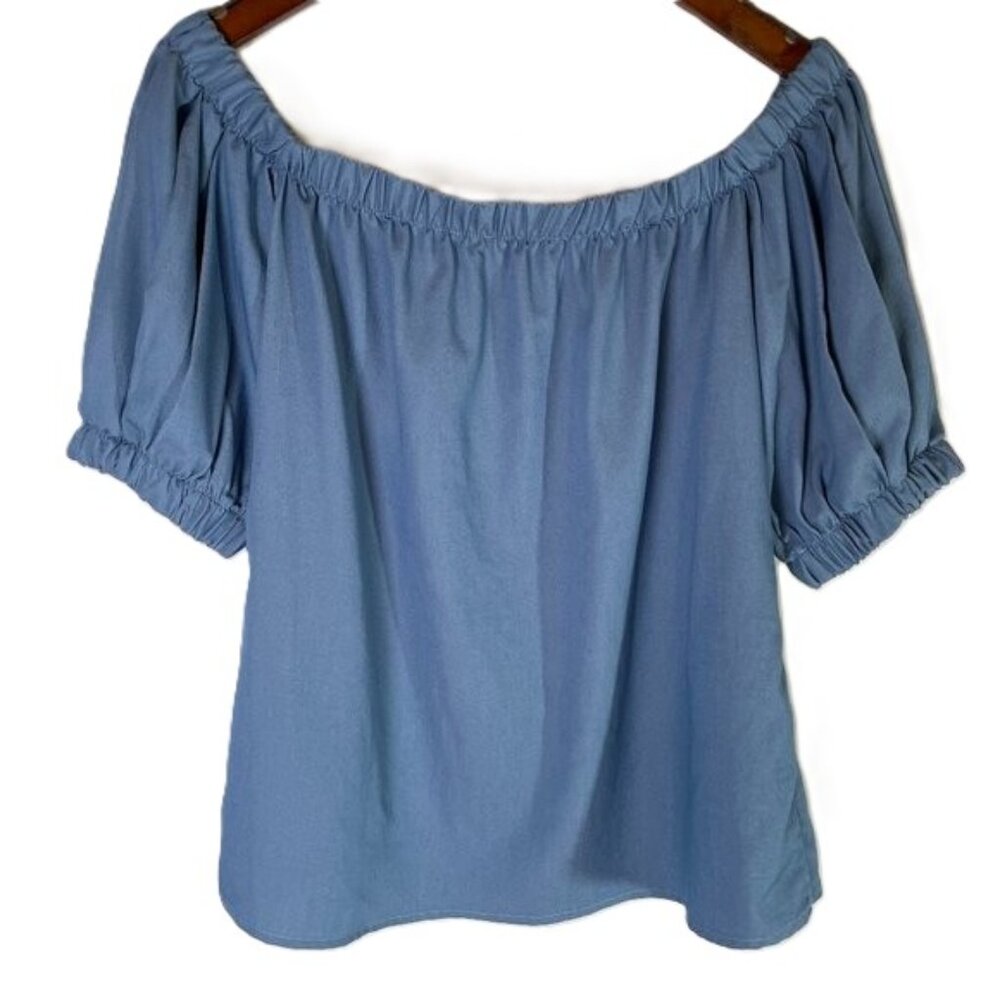 Atelier Off Shoulder Top Puff Sleeves Light Blue Short Sleeves Size XL
